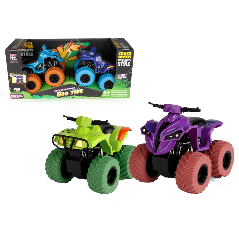 PANDAS 2IN1 360 rotating 4WD Inertia Plastic ATV Motorcycle Big Wheel Truck Stunt Spinning Monster Truck Diecast Car TOY