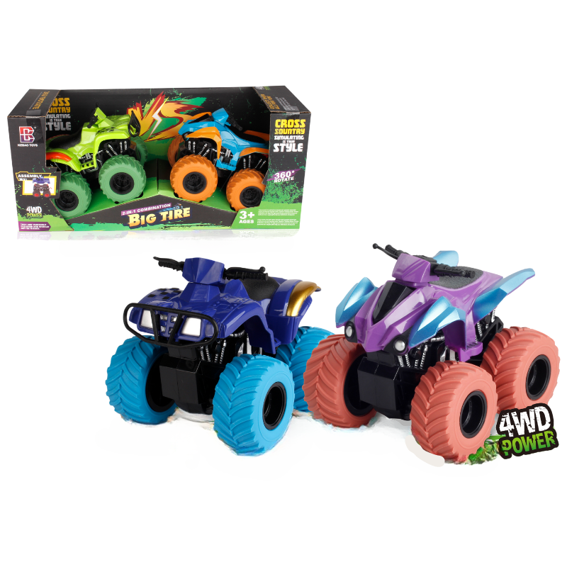 PANDAS 2IN1 360 rotating 4WD Inertia Plastic ATV Motorcycle Big Wheel Truck Stunt Spinning Monster Truck Diecast Car TOY