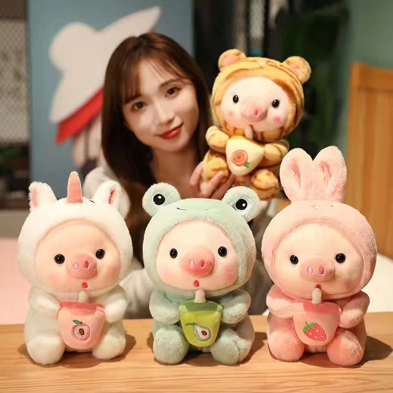 Top Pig Fruit Pillow Cute Milk Tea Plushie Stuffed Boba Plushies 25cm Squishy Bubble Tea Plush Toy for Baby Kids Toddler Gift