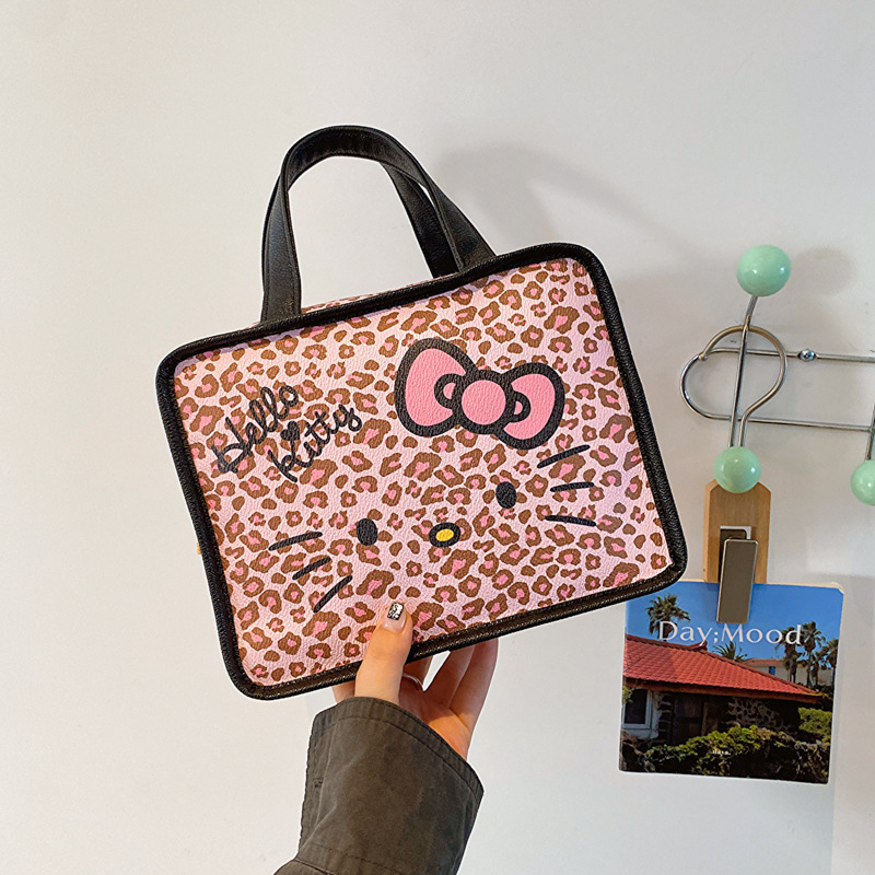 Wholesale Pink Leopard Hello KT Cat PU Tote Shoulder Bag Quality Large Capacity School Kitty Make Up Bags Good Gifts for Kids