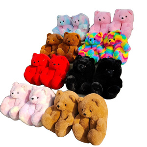 Adult Kid Women Teddy Bear Slippers Bedroom Real Fur Plush Shoes Teddy Bear Stuffed Animal Slippers For Winter One Size Fits All