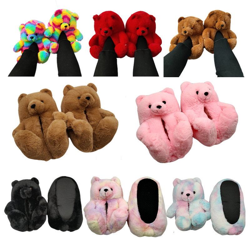 Adult Kid Women Teddy Bear Slippers Bedroom Real Fur Plush Shoes Teddy Bear Stuffed Animal Slippers For Winter One Size Fits All