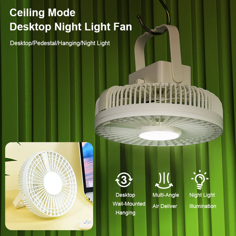 Rechargeable/USB Power Supply Desktop Hanging Variable Mini Ceiling Fan With Night Light 3 Wind Speed Brush-Less Motor TYPE-C