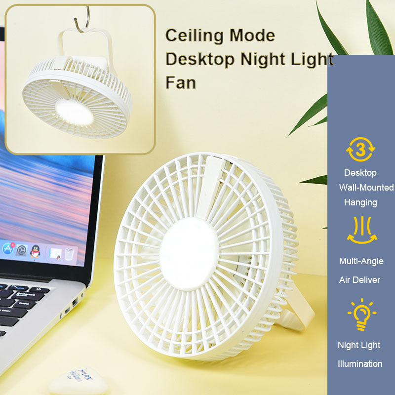 Rechargeable/USB Power Supply Desktop Hanging Variable Mini Ceiling Fan With Night Light 3 Wind Speed Brush-Less Motor TYPE-C