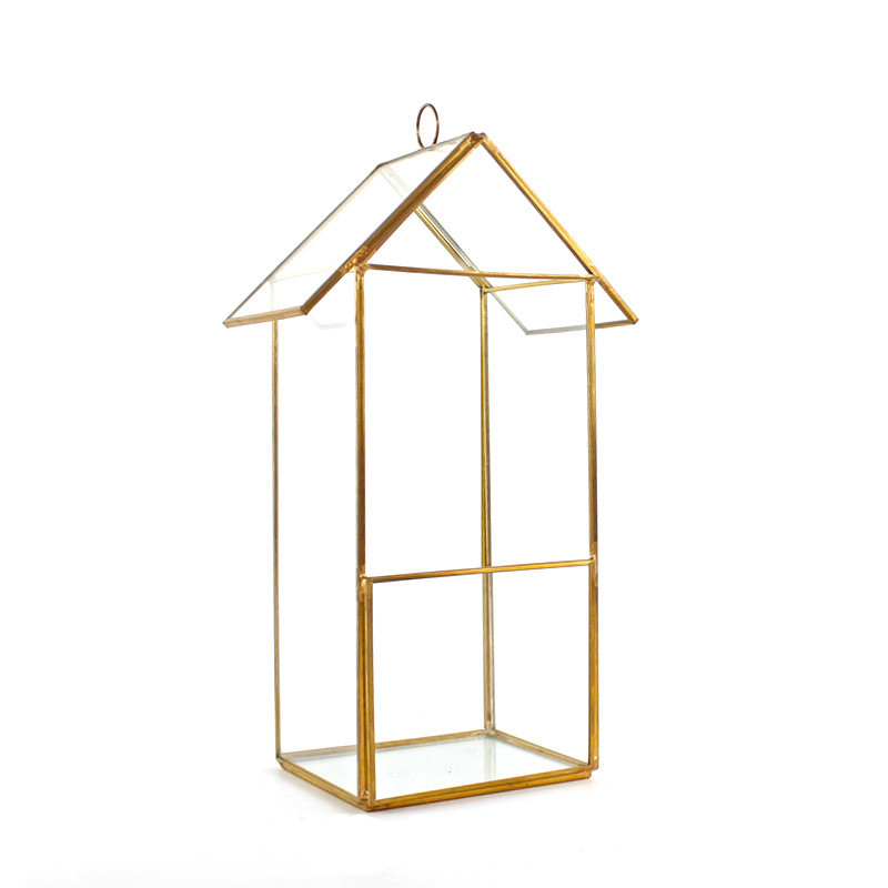 European Style Simple Geometric Greenhouse Garden Ornament Christmas Polyhedral Brass Creative Cover Container Jar Glass Vase