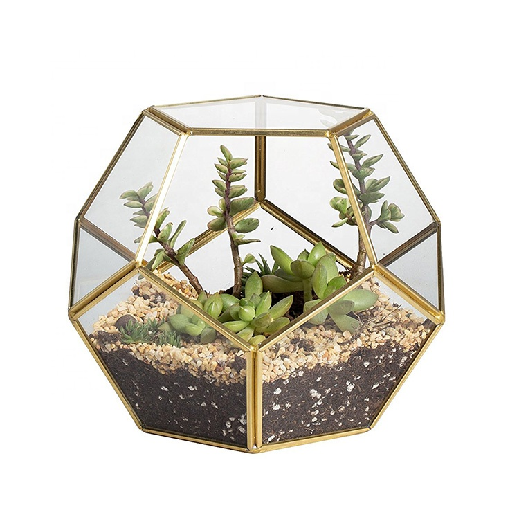 European Style Simple Geometric Greenhouse Garden Ornament Christmas Polyhedral Brass Creative Cover Container Jar Glass Vase