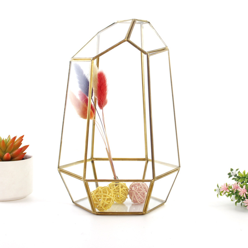 European Style Simple Geometric Greenhouse Garden Ornament Christmas Polyhedral Brass Creative Cover Container Jar Glass Vase