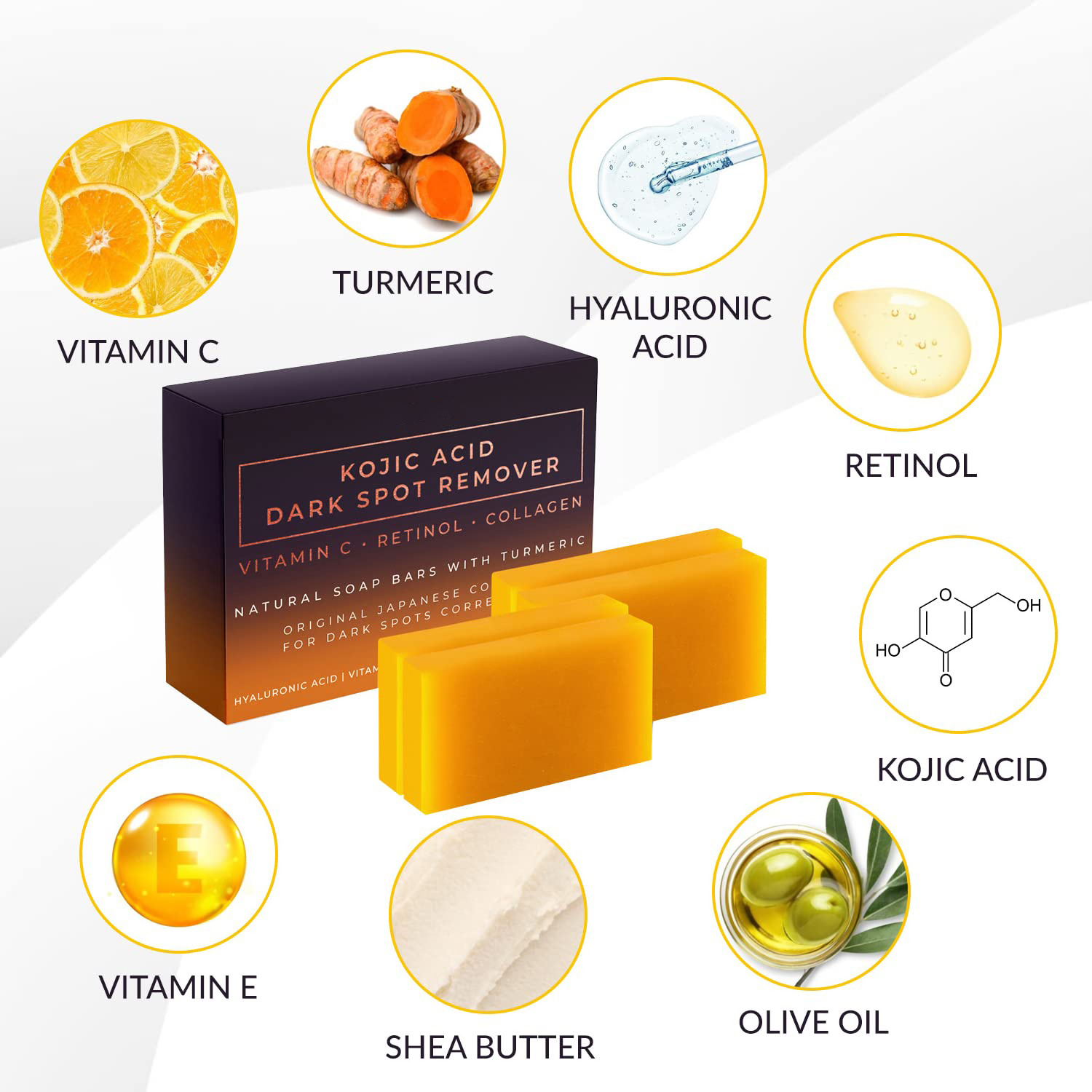 Customised Paraben Free Vegan SLS Free Organic Natural Vitamin C Retinol Turmeric Kojic Acid Soap for Dark Spot Remover