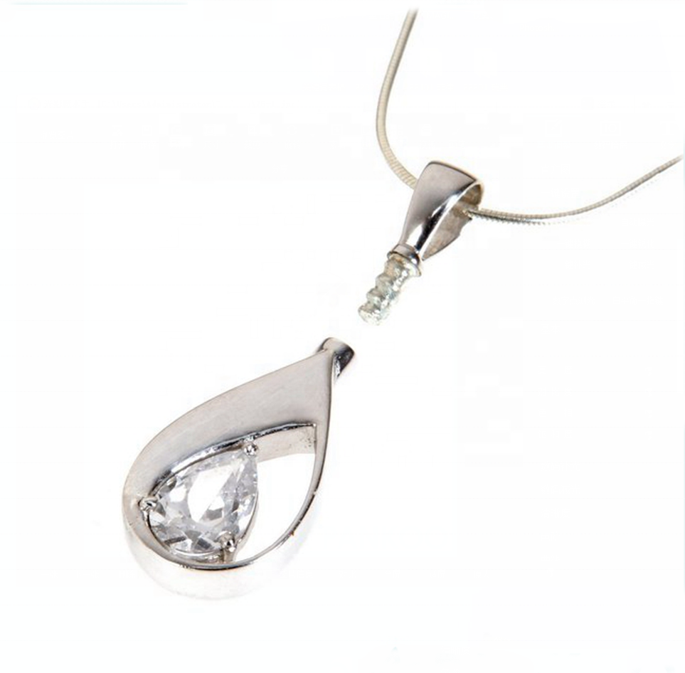 Custom 925 Sterling Silver white gem strand teardrop cremation ash pendant memorial necklace for pet ashes urn