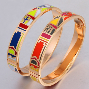 Wholesale Gold Plated Stainless Steel Hinged Bracelet Open Cuff Bangle Enamel Colorful Women Jewelry Cloisonel Bracelet