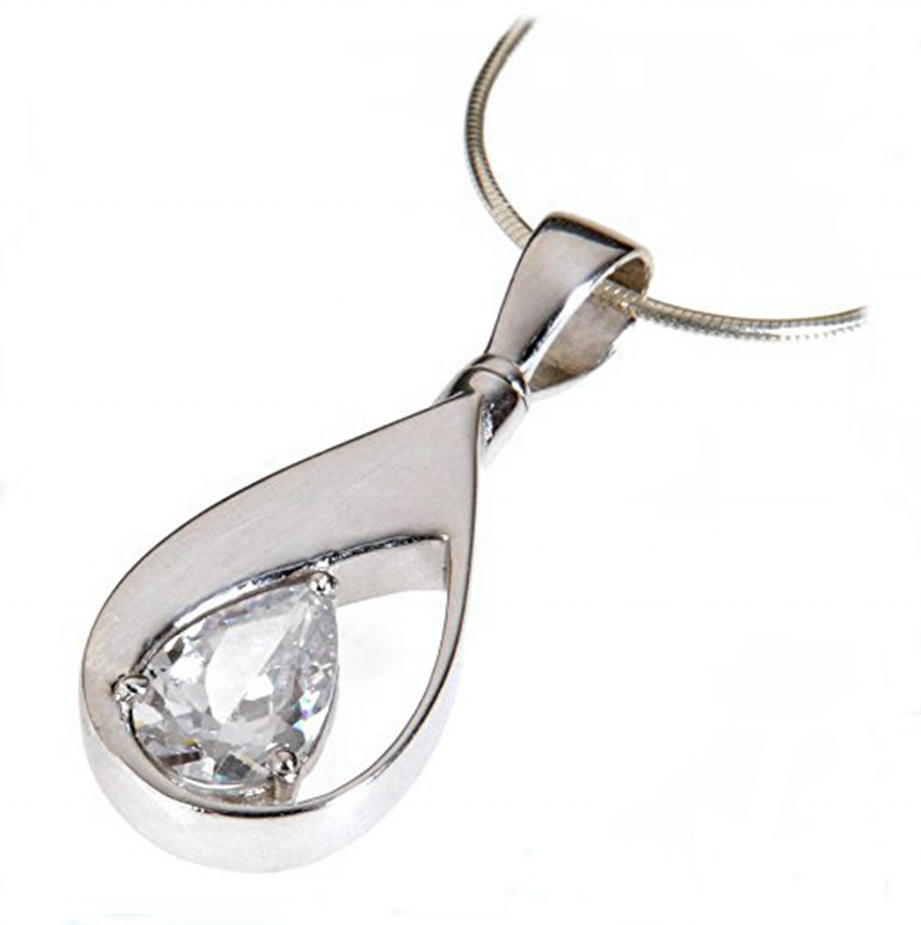 Custom 925 Sterling Silver white gem strand teardrop cremation ash pendant memorial necklace for pet ashes urn