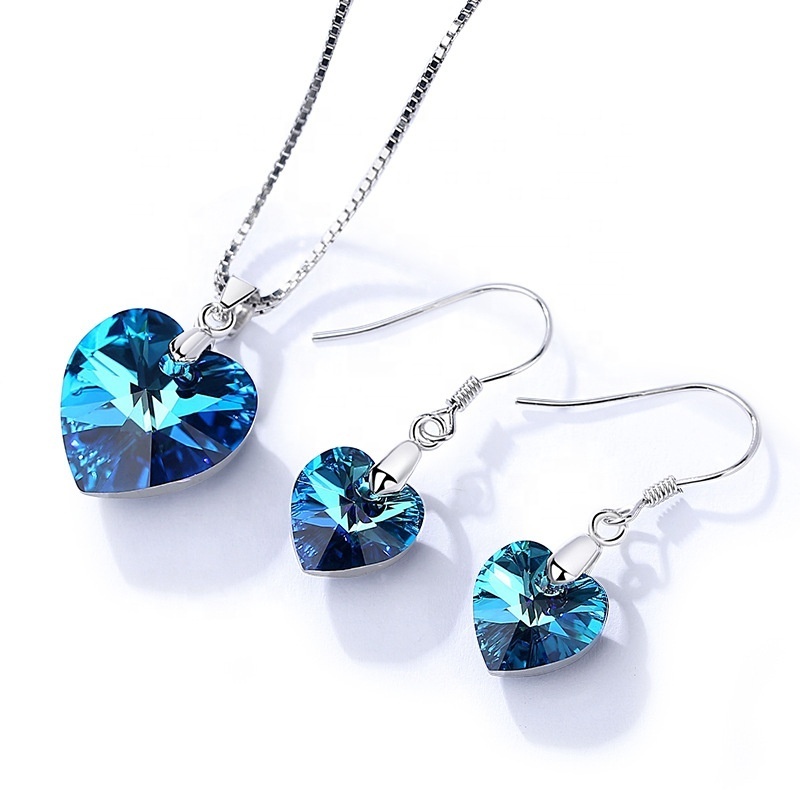 925 sterling silver ocean blue crystal heart shape pendant and dream colorful single crystal various colours drop earring