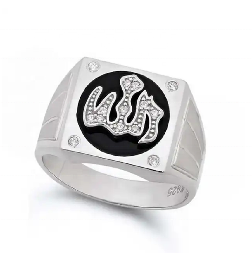 Custom 925 sterling silver Islamic muslim jewelry allah rasul muhammad moon and star ring for men