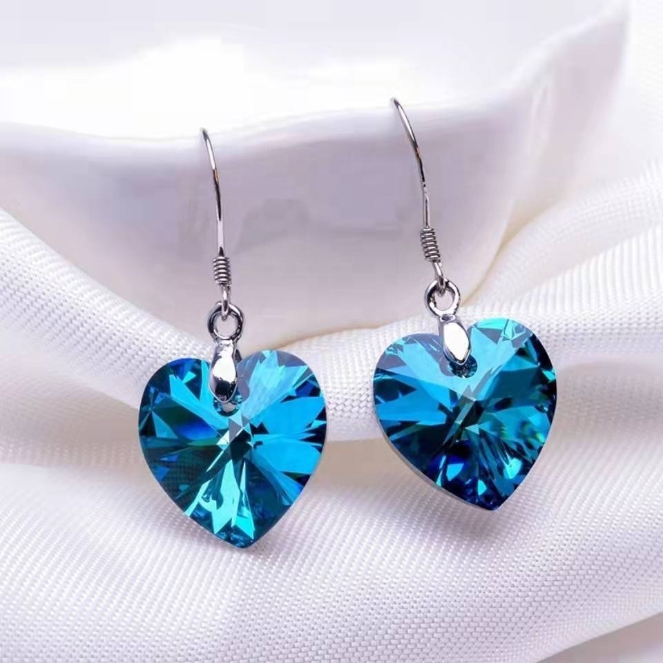 925 sterling silver ocean blue crystal heart shape pendant and dream colorful single crystal various colours drop earring