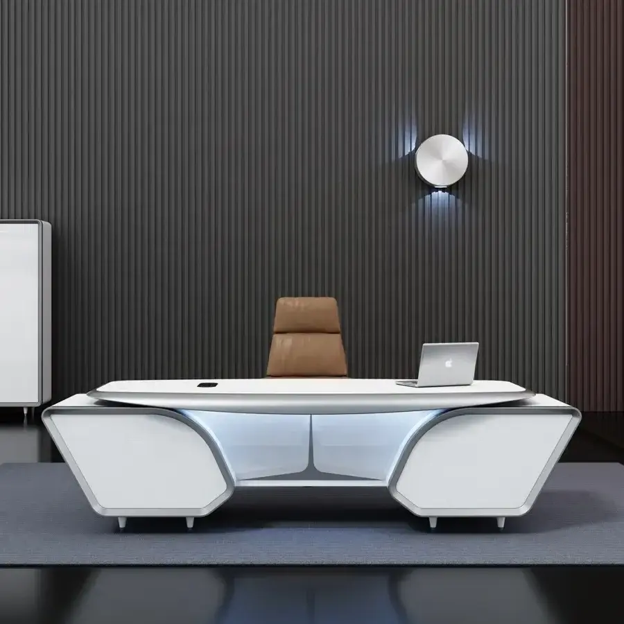 Modern luxury large high-gloss office furniture, multifunctional wireless charging, L-shaped boss's desk