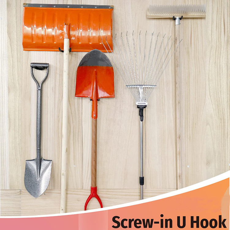 Screw in U Hook, Black, Shovel Holder Wall Mount, U Hooks for Hanging Garden Tools