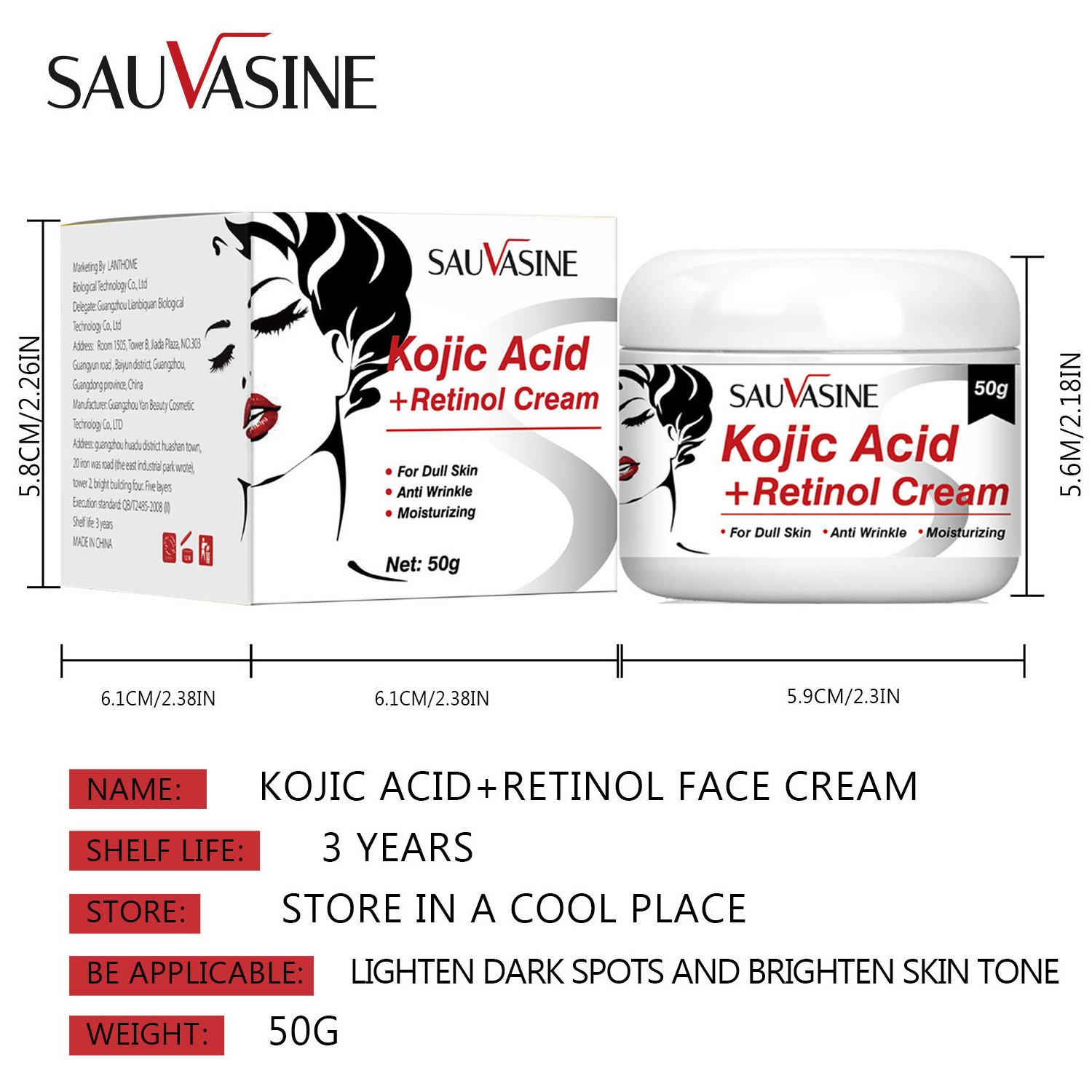 Skin Whitening Cream Moisturizing Anti-Aging Kojic Acid Face Cream for Dark Black Skin