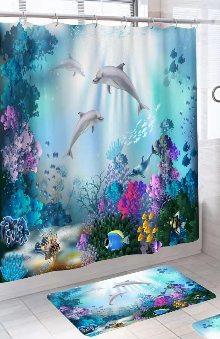 Bathroom Shower Curtain Polyester Waterproof Shower Curtain And Bath Mat Set