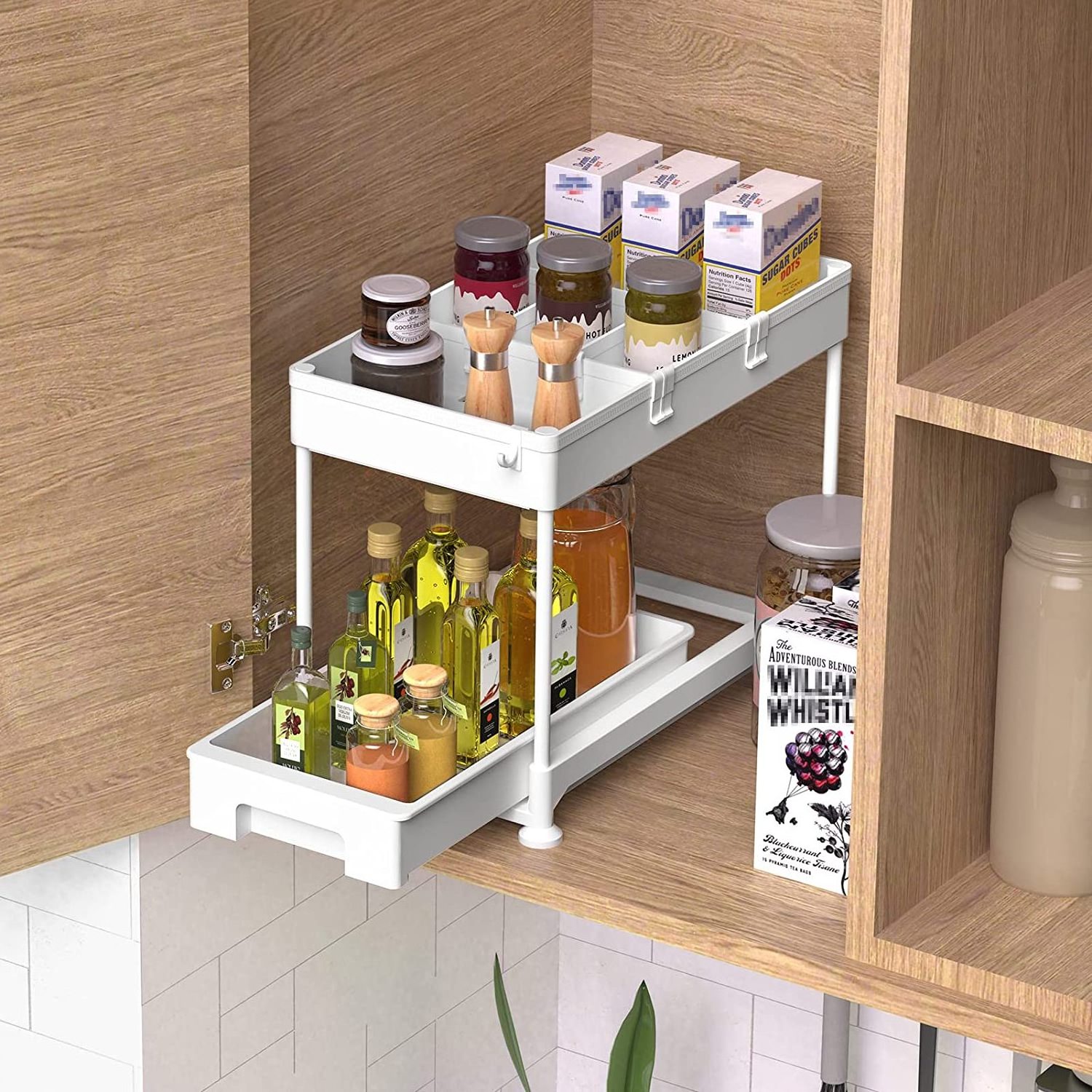 Household Kitchen Cabinet 2-tier Basket Multi-function Condiment Drawer Under Sliding Cabinet Basket Organizer