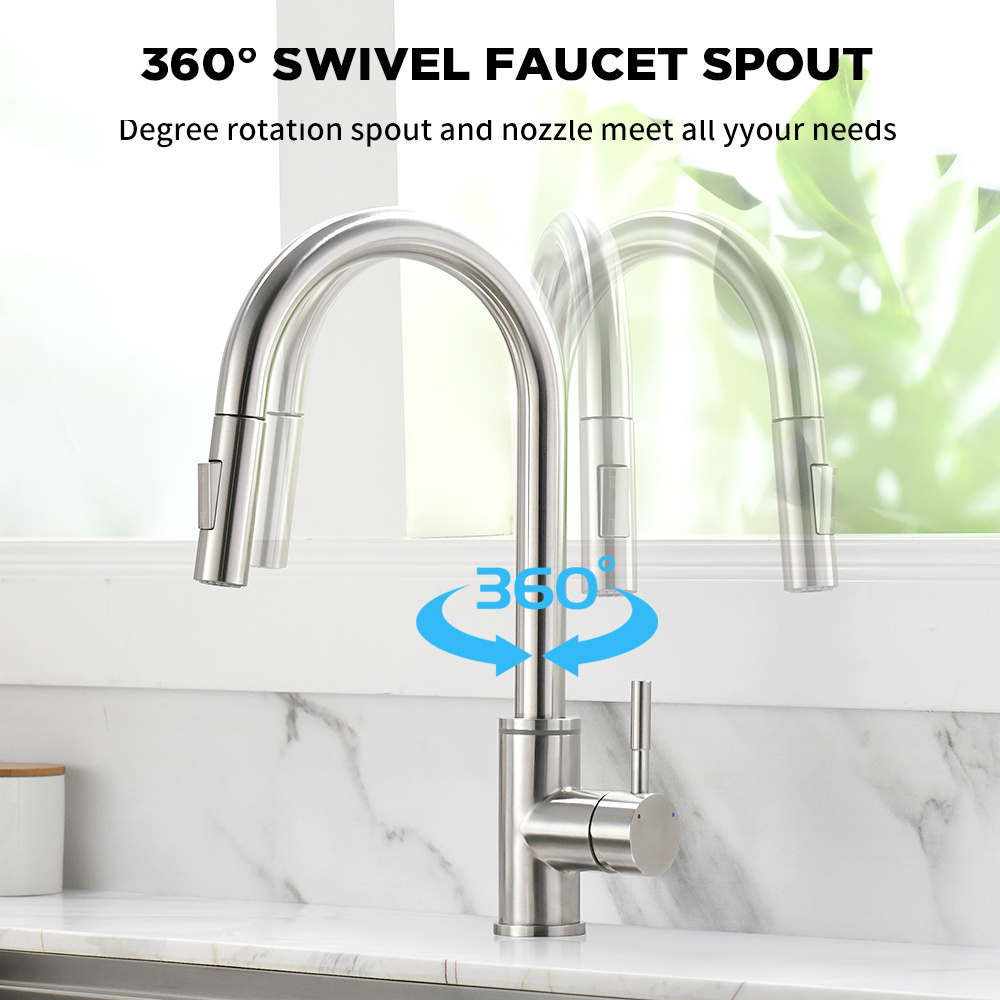 304 Stainless Steel Smart Touch Brushed Nickel Pull Out Black Sensor LED Kitchen Faucet