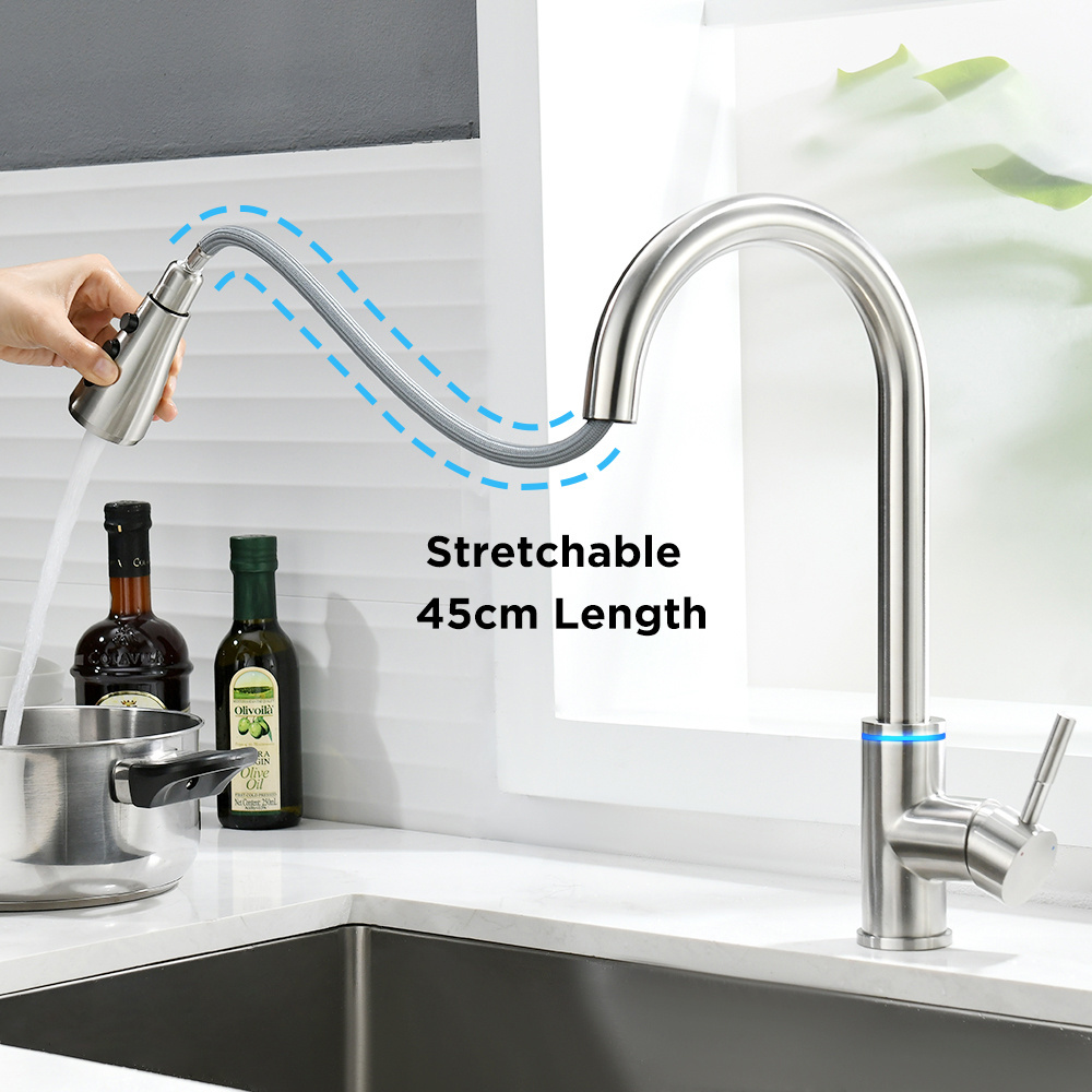 304 Stainless Steel Smart Touch Brushed Nickel Pull Out Black Sensor LED Kitchen Faucet