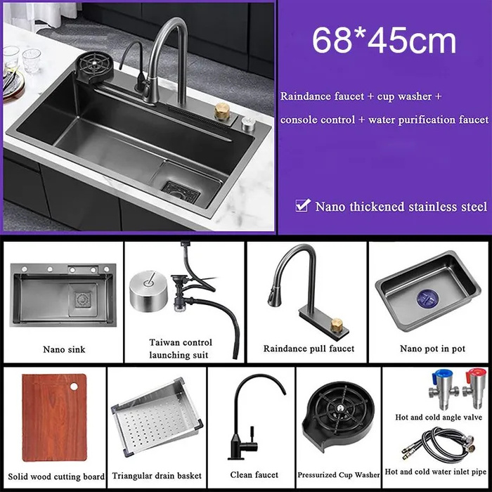 Drop shipping for Tiktok Metal Grey Stainless Steel Kitchen Sink Sets with Flying Rainfall Faucet