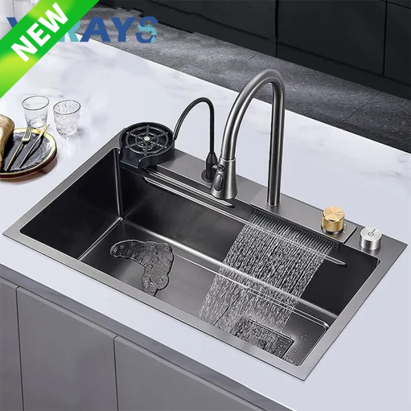 Drop shipping for Tiktok Metal Grey Stainless Steel Kitchen Sink Sets with Flying Rainfall Faucet