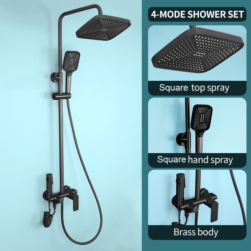 Black Chrome 4-way Shower System Faucet Rainfall Shower Hot Cold Water Mixer Bidet Faucet Commodity Shelf For Bathroom Mixer