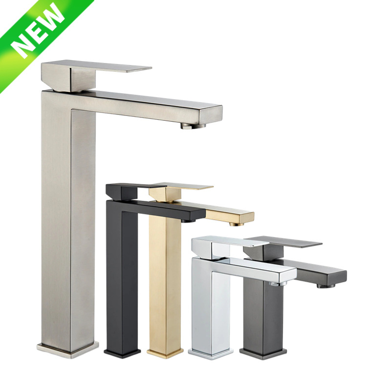 Simple Square Black Bathroom Faucet 304 Stainless Steel Basin Faucet Single Hole Countertop Mount High Quality Chrome Plated Mix