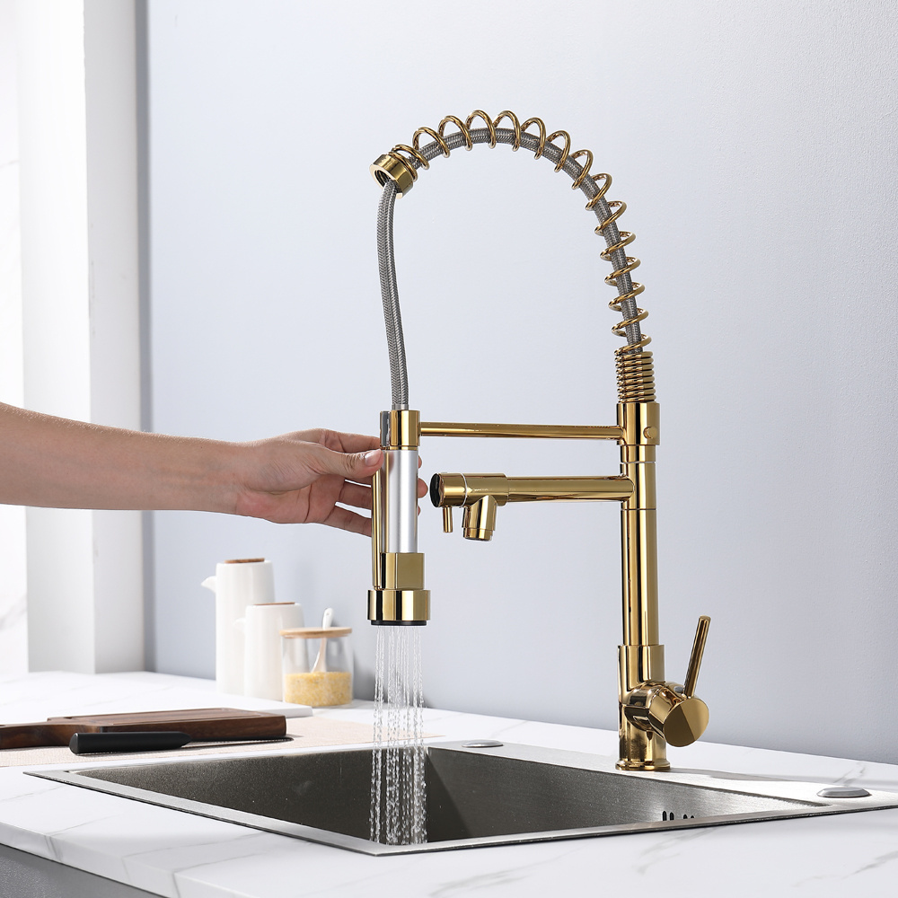 Brass Spring torneira monocomando gourmet de cozinha goumert pull down out Tap kitchen sink taps gold faucet