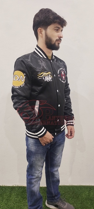 OEM Service Mens Custom Satin Embroidered Baseball Bomber Jacket College Jacket Lettermen Bulls Satin Baseball Jacket