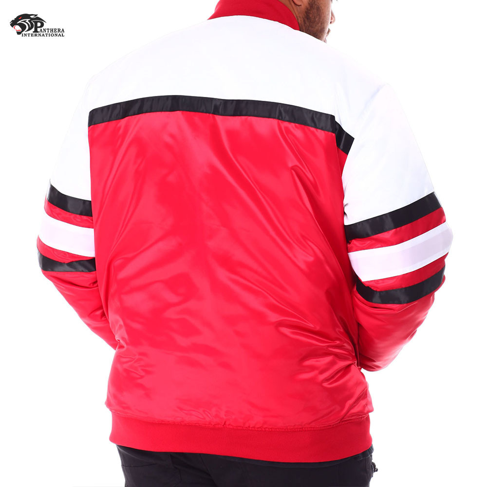 OEM Service Mens Custom Satin Embroidered Baseball Bomber Jacket College Jacket Lettermen Bulls Satin Baseball Jacket