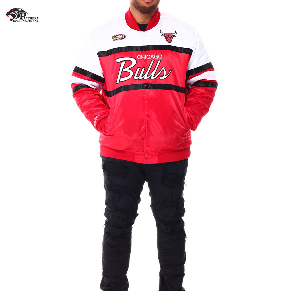 OEM Service Mens Custom Satin Embroidered Baseball Bomber Jacket College Jacket Lettermen Bulls Satin Baseball Jacket