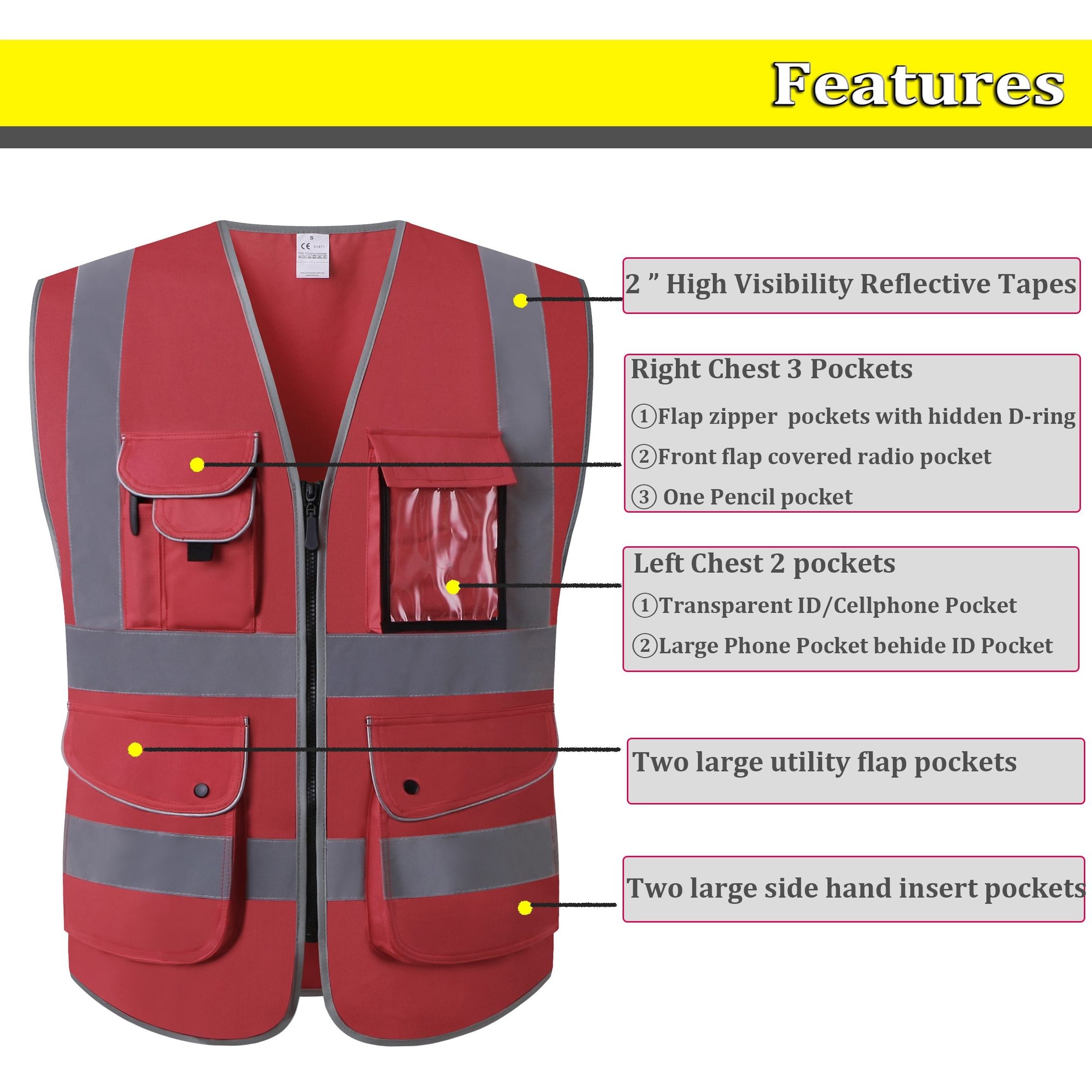 Zip Pocket Security Waistcoats Jacket Work wear Vests Hi-Viz Work wear High Visibility Bomber Safety Vest Waterproof