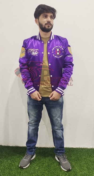 OEM Service Mens Custom Satin Embroidered Baseball Bomber Jacket College Jacket Lettermen Bulls Satin Baseball Jacket