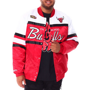 OEM Service Mens Custom Satin Embroidered Baseball Bomber Jacket College Jacket Lettermen Bulls Satin Baseball Jacket