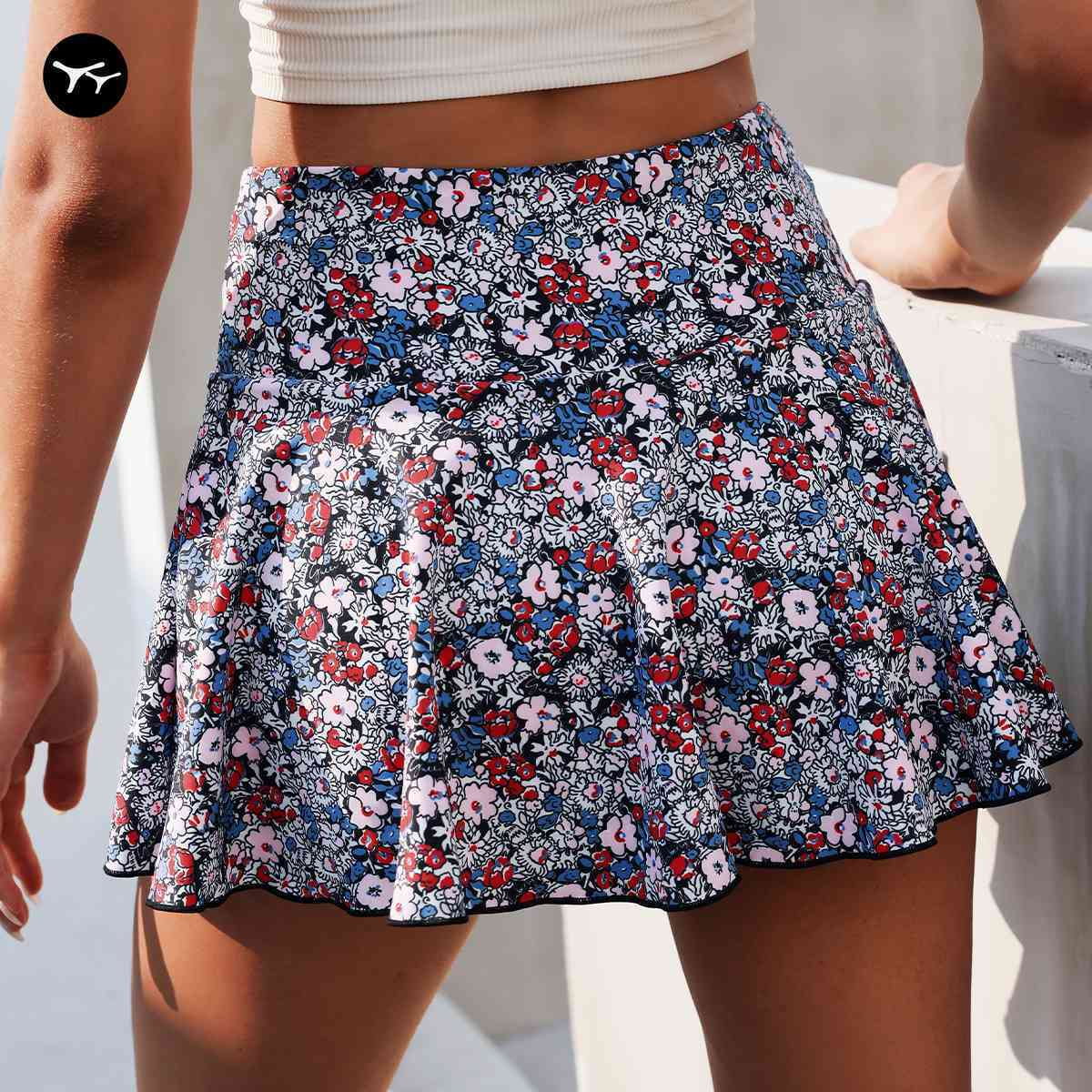 Women Summer Cute High Waist Ruffle Skirt Tennis Sports Wear Floral Print Swing Beach Mini Skirt