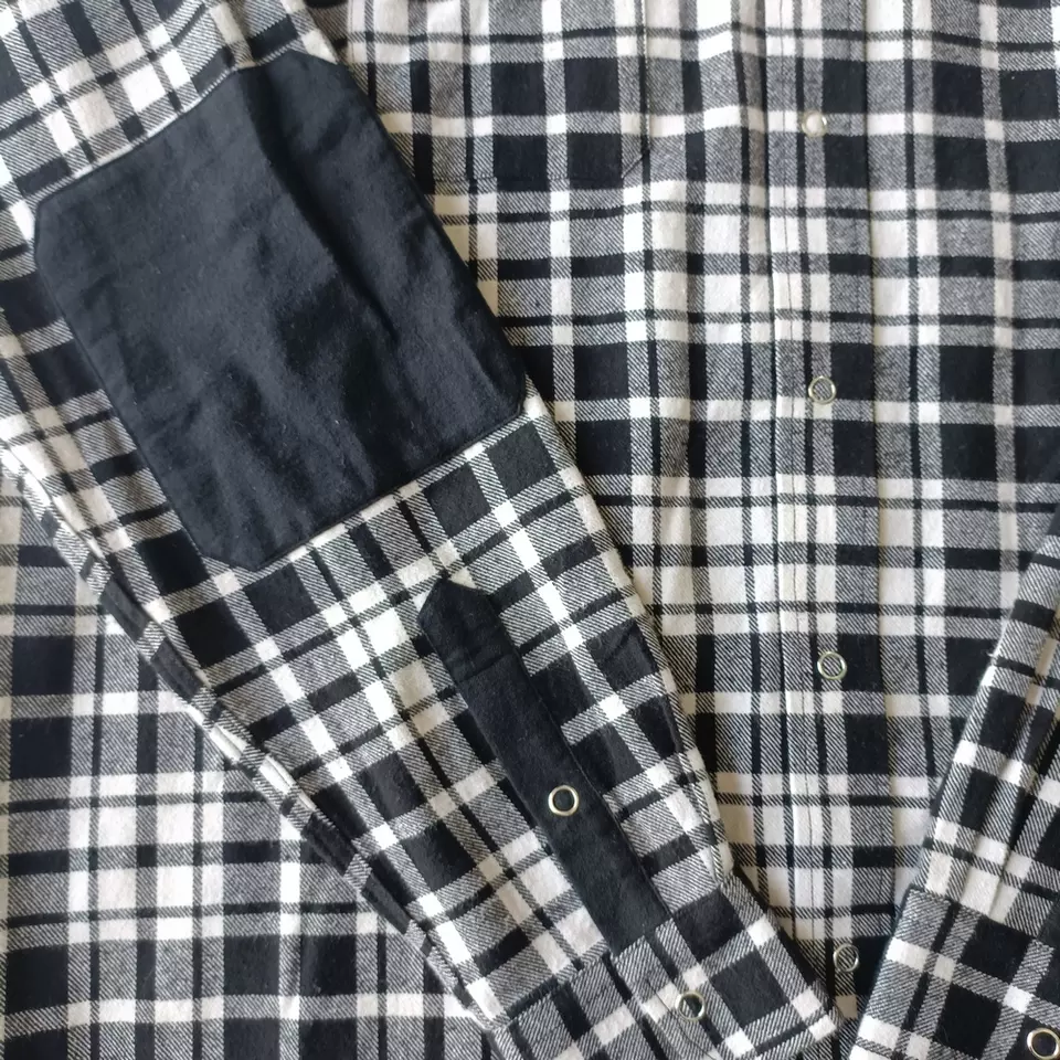 New fashion mens custom design black and grey checkered flannel shirt with elbow patches