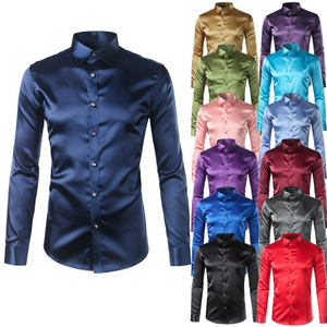 High quality silk satin long sleeve slim fit dress luxury shirts for men