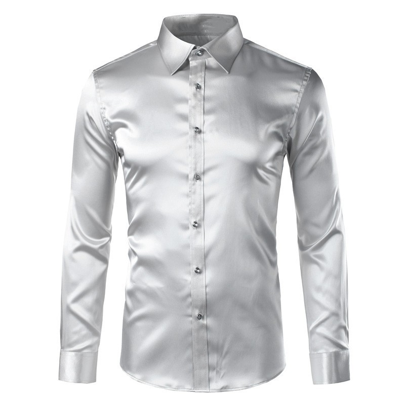 High quality silk satin long sleeve slim fit dress luxury shirts for men