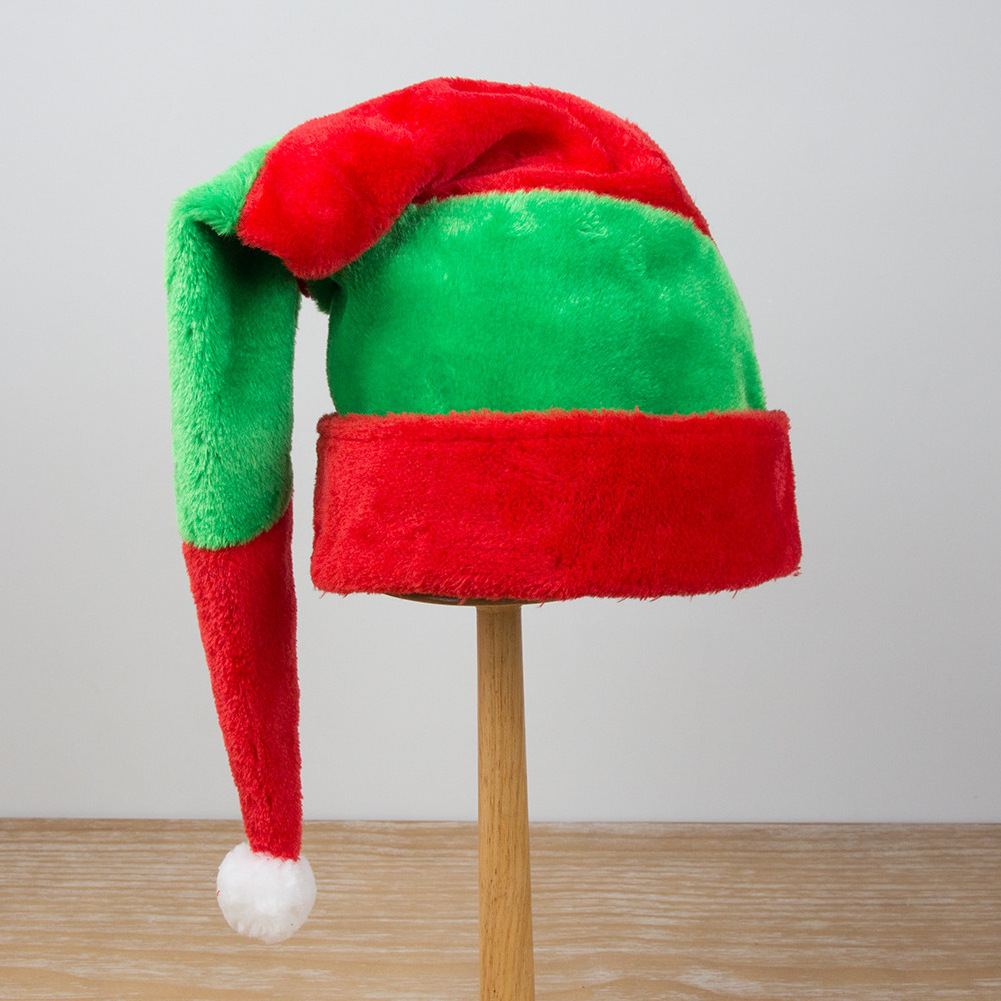 High Quality Sinyoo Christmas Hats for Adults Long Red and Green Striped Plush Elf Hat Winter Santa Hat With Pom-Pom