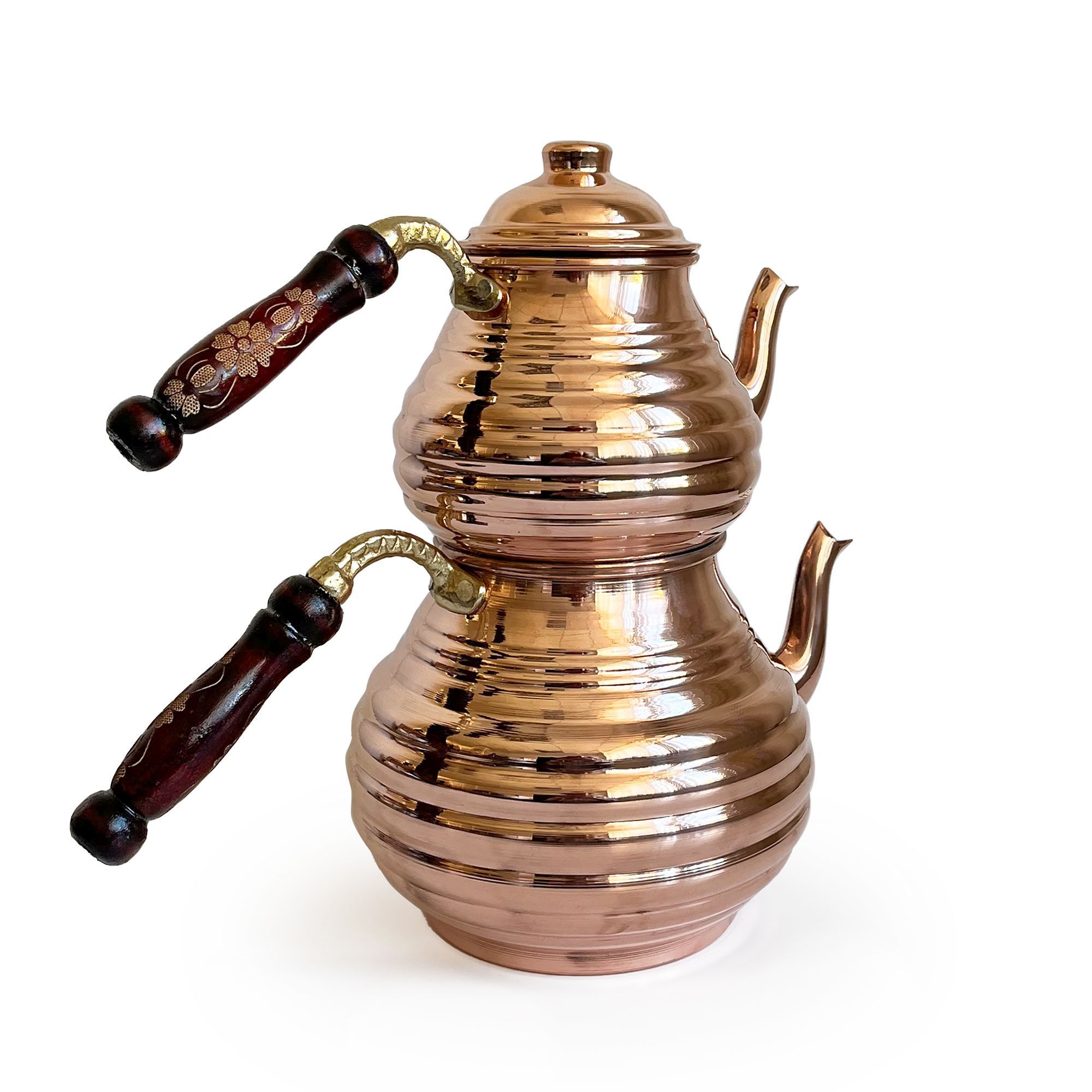 Handmade Hand Hammered  Copper Turkish Stovetop, Tea Kettle Sliced, Teapot Set COPPER Color With Wooden Handle