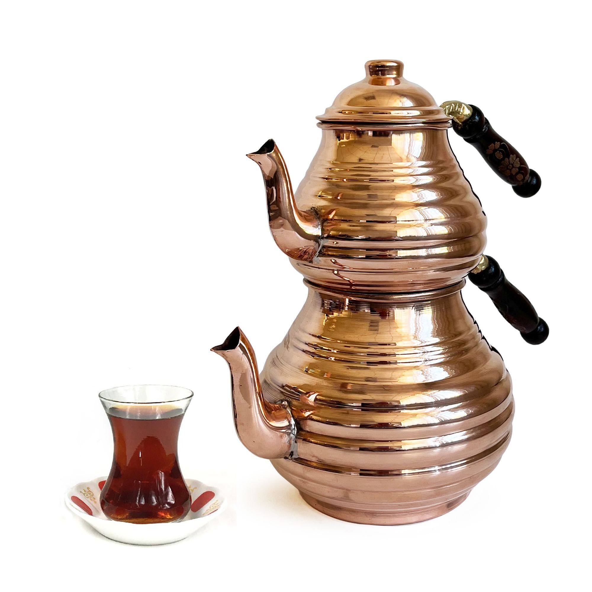 Handmade Hand Hammered  Copper Turkish Stovetop, Tea Kettle Sliced, Teapot Set COPPER Color With Wooden Handle