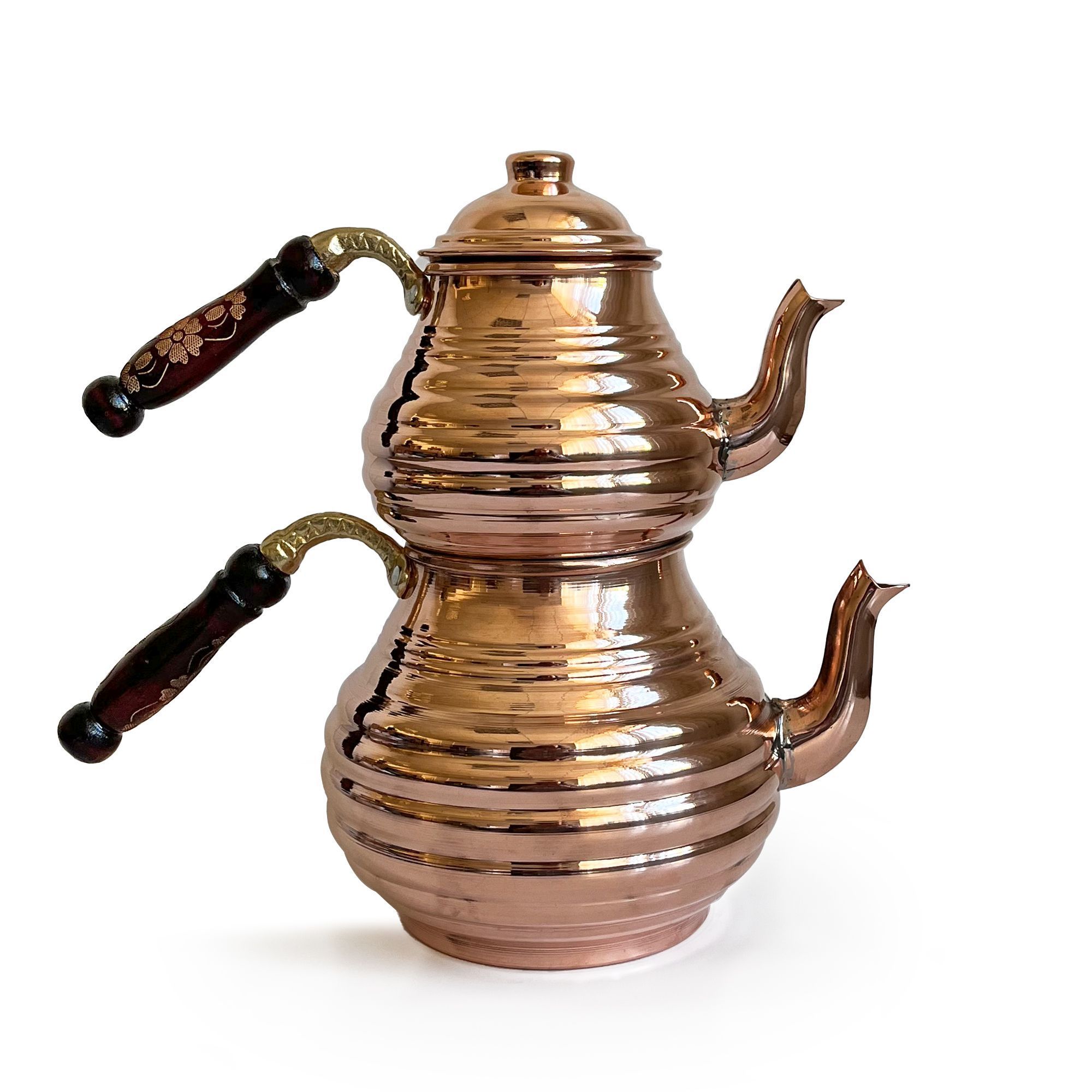 Handmade Hand Hammered  Copper Turkish Stovetop, Tea Kettle Sliced, Teapot Set COPPER Color With Wooden Handle