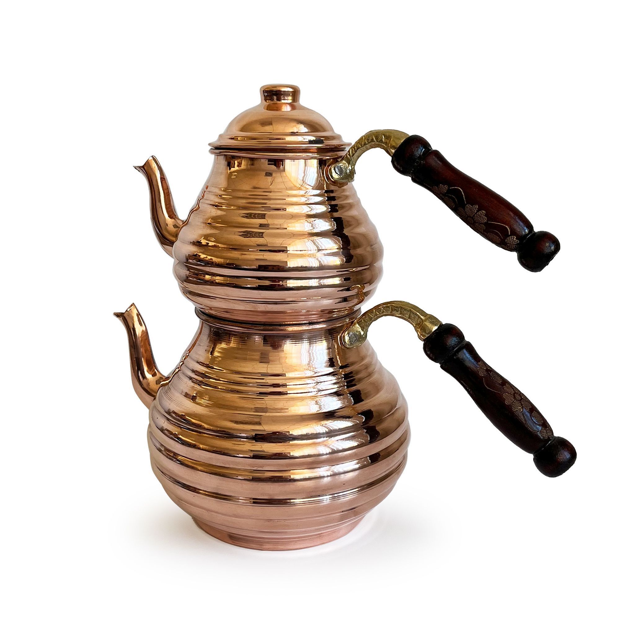 Handmade Hand Hammered  Copper Turkish Stovetop, Tea Kettle Sliced, Teapot Set COPPER Color With Wooden Handle