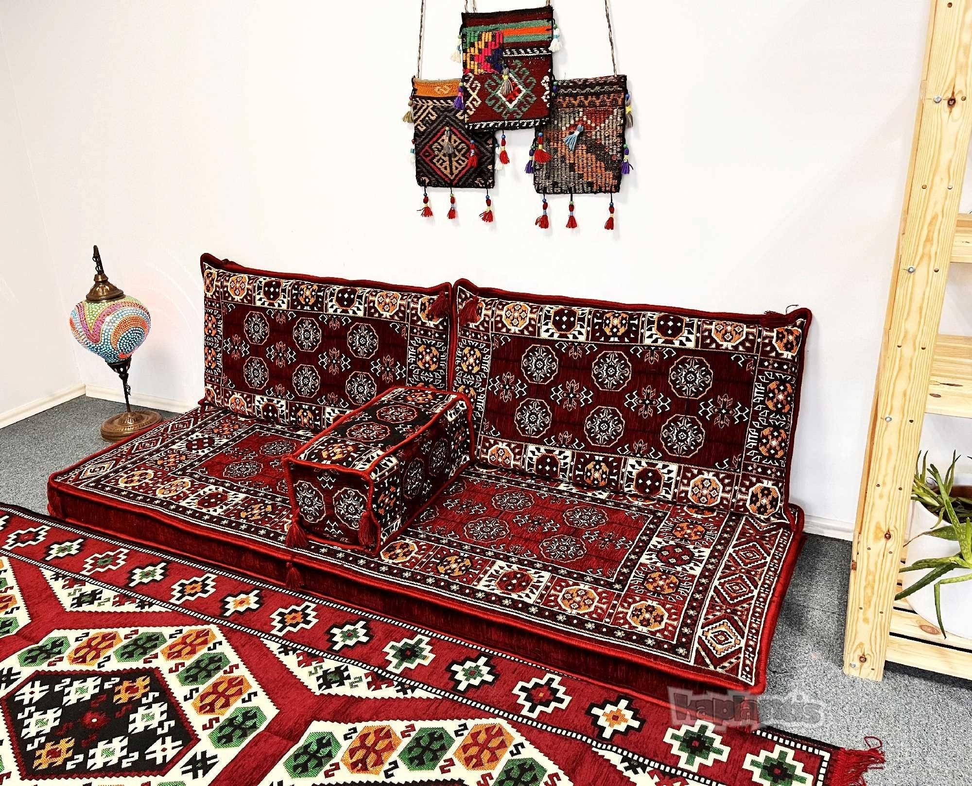 Anatolian Oriental Floor Cushion Set for Two Afghan Pattern Burgundy with 22 Density Foam Fillings