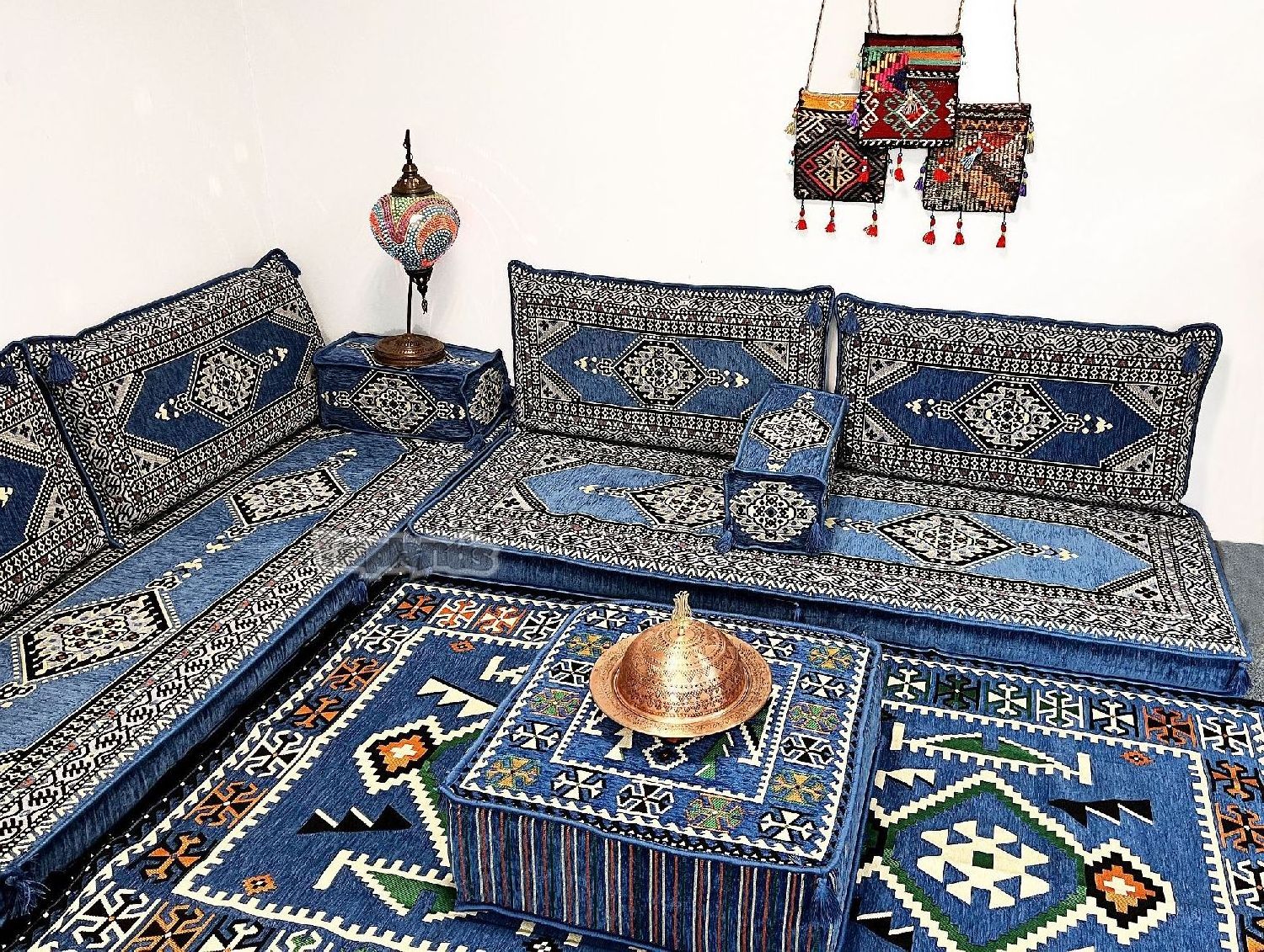 Hookah Bar Oriental Corner Arabic Seating Floor Cushion Cover Set Blue