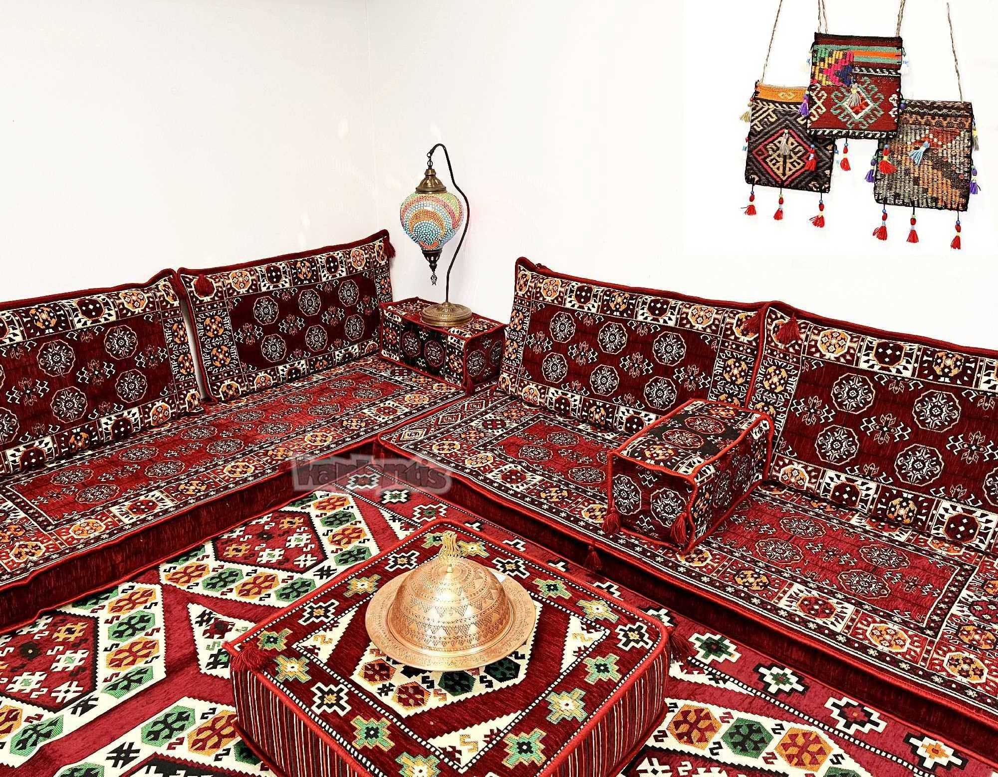 Anatolian Oriental Floor Cushion Set for Two Afghan Pattern Burgundy with 22 Density Foam Fillings