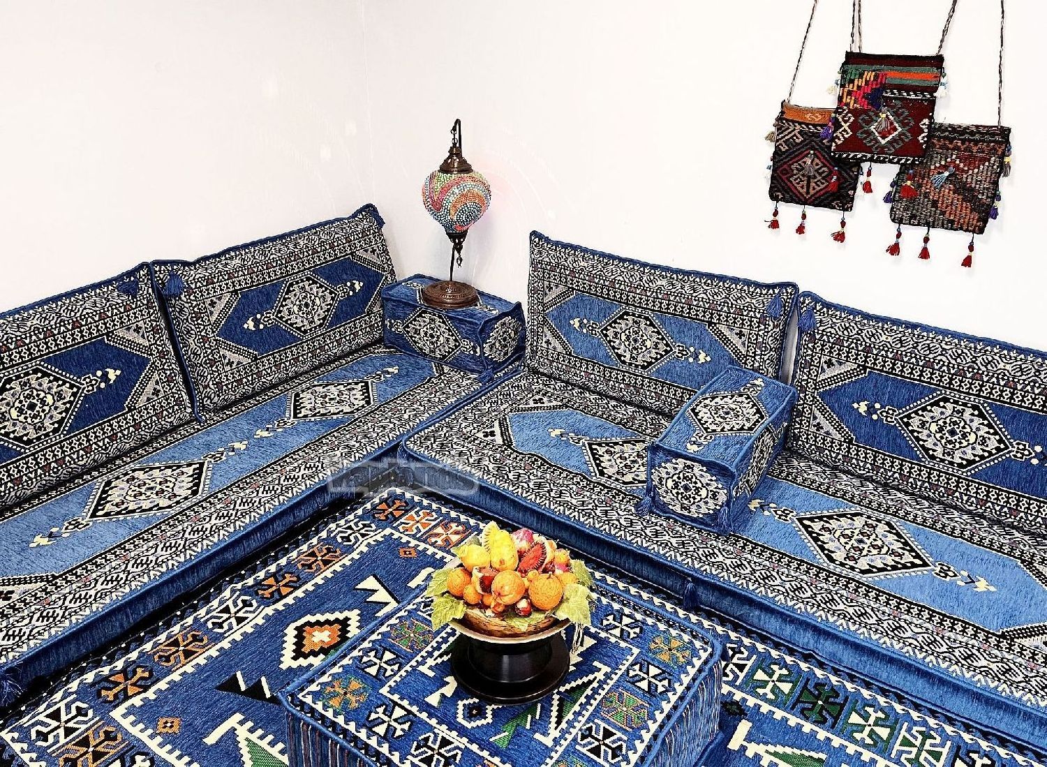 Hookah Bar Oriental Corner Arabic Seating Floor Cushion Cover Set Blue