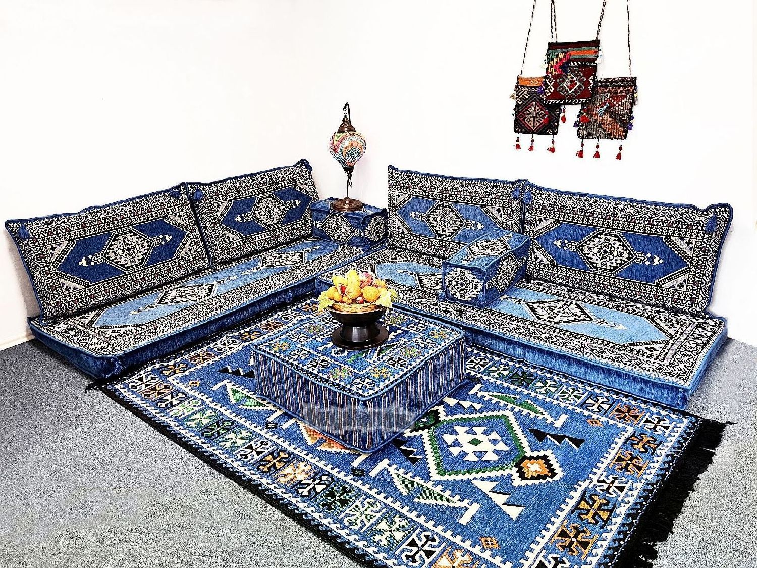 Hookah Bar Oriental Corner Arabic Seating Floor Cushion Cover Set Blue